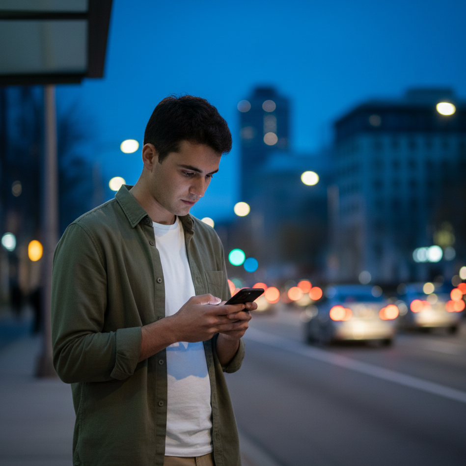 Man using a phone on a city street at night with blurred lights in the background